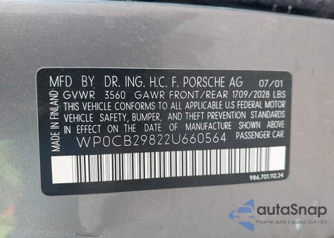 2002 Porsche Boxster S z USA, uszkodzony, nr VIN WP0CB29822U660564